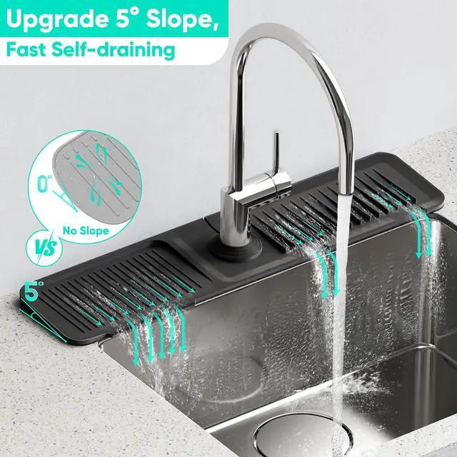 Alt view image 2 of 7 - 24 Inch Longer Faucet Mat for Kitchen Sink, 5° Slope Fast Self-draining, Kitchen Sink Splash Guard Silicone Sink Faucet Mat Splash Guard Kitchen Sink Area Tidy Splash Faucet Guard Draining Mat