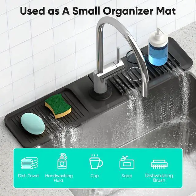 Alt view image 6 of 7 - 24 Inch Longer Faucet Mat for Kitchen Sink, 5° Slope Fast Self-draining, Kitchen Sink Splash Guard Silicone Sink Faucet Mat Splash Guard Kitchen Sink Area Tidy Splash Faucet Guard Draining Mat