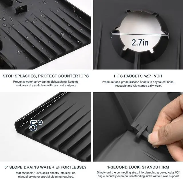 Alt view image 6 of 7 - Silicone Sink Splash Guard Behind Faucet, Faucet Mat Backsplash Guard Black
