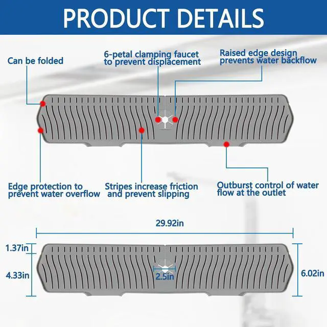 Main image of Kitchen Sink Splash Guard Gen2-30" x 6'' Silicone Sink Mat Splash Guard fit for Countertop, Bathroom,Farmhouse,RV