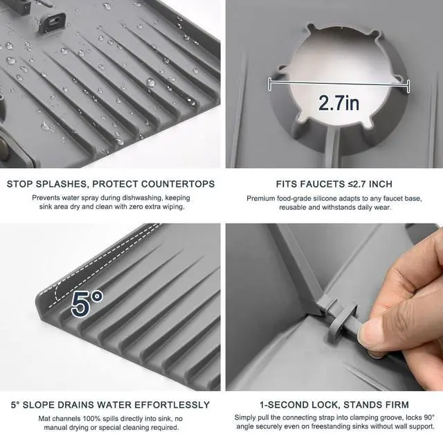 Alt view image 5 of 7 - Silicone Faucet Mat for Kitchen Sink - Sink Splash Guard Behind Faucet Grey