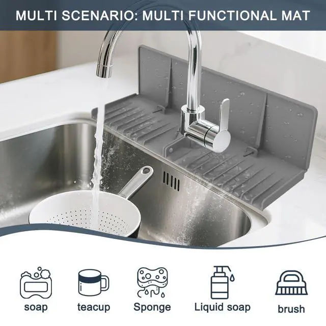 Alt view image 4 of 7 - Silicone Faucet Mat for Kitchen Sink - Sink Splash Guard Behind Faucet Grey