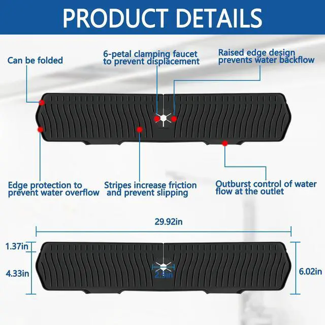 Alt view image 2 of 6 - Kitchen Sink Splash Guard Gen2-30" x 6'' Silicone Sink Mat Splash Guard fit for Countertop, Bathroom,Farmhouse,RV