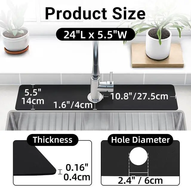 Alt view image 2 of 7 - Faucet Mat for Kitchen Sink Cuttable, 24 Inch Long Sink Splash Guard Behind Faucet, Super Absorbent Diatomite Sink Protector Mat, Bathroom Water Splash Guard Fast Dry, Easy to Cut, Black