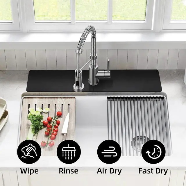 Alt view image 5 of 7 - Faucet Mat for Kitchen Sink Cuttable, 24 Inch Long Sink Splash Guard Behind Faucet, Super Absorbent Diatomite Sink Protector Mat, Bathroom Water Splash Guard Fast Dry, Easy to Cut, Black