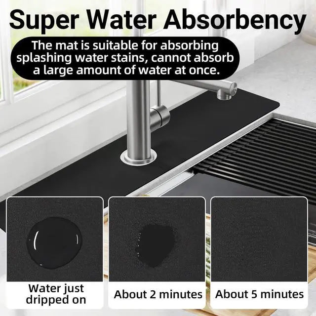Alt view image 4 of 7 - Faucet Mat for Kitchen Sink Cuttable, 24 Inch Long Sink Splash Guard Behind Faucet, Super Absorbent Diatomite Sink Protector Mat, Bathroom Water Splash Guard Fast Dry, Easy to Cut, Black
