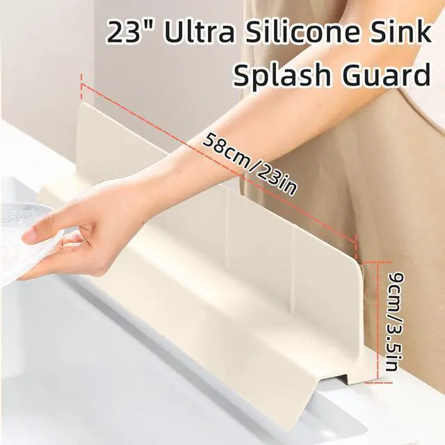 Alt view image 2 of 7 - 23" Ultra Silicone Sink Splash Guard Released in 2026,Self-Draining Water Splash Guard for Kitchen Sink,Bathroom and Island,with 3.5" High Splash Guard & 7 Strong Suction Cup (Beige)