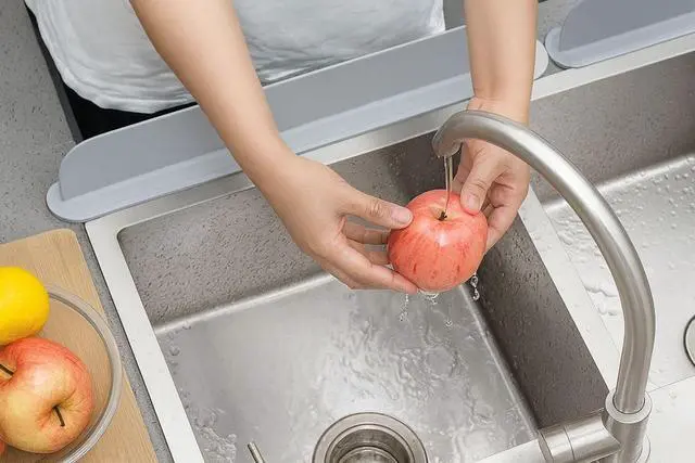 Alt view image 4 of 7 - AMSHI Silicone Sink Splash Guard 19.3 Faucet Water Barrier Shield, No Glue No Tools Required, BPA-Free Waterproof Faucet Protector for Kitchen & Bathroom Countertop, Gra