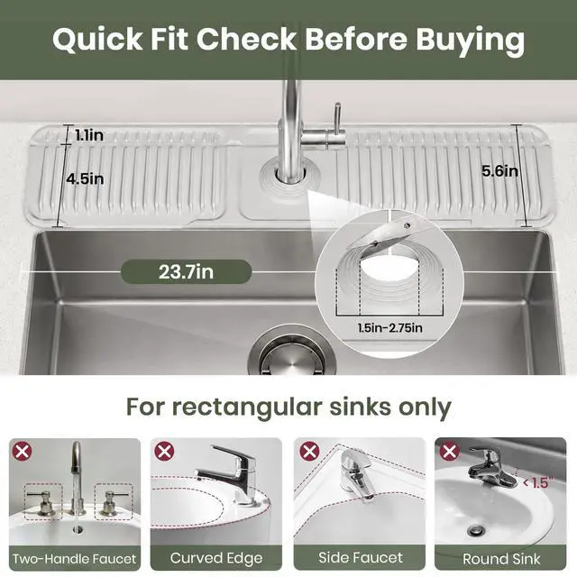 Alt view image 2 of 7 - 24 Inch Faucet Mat for Kitchen Sink, Silicone Splash Guard for Kitchen Sink Area, 7° Slope Fast Self-Draining Sink Mat, Cuttable Hole Design, Sink Backsplash Guard Draining Mat, Grey