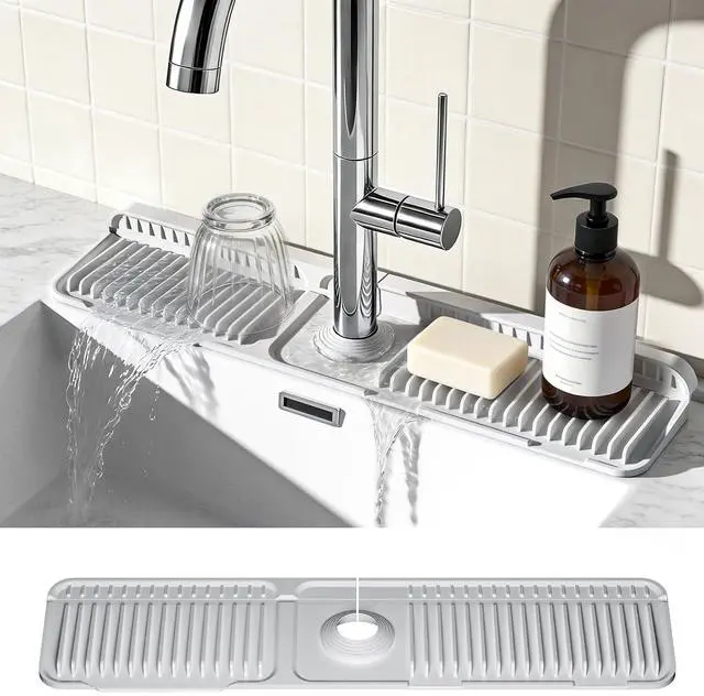 Main image of 24 Inch Faucet Mat for Kitchen Sink, Silicone Splash Guard for Kitchen Sink Area, 7° Slope Fast Self-Draining Sink Mat, Cuttable Hole Design, Sink Backsplash Guard Draining Mat, Grey