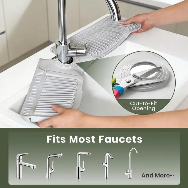 Alt view image 5 of 7 - 24 Inch Faucet Mat for Kitchen Sink, Silicone Splash Guard for Kitchen Sink Area, 7° Slope Fast Self-Draining Sink Mat, Cuttable Hole Design, Sink Backsplash Guard Draining Mat, Grey