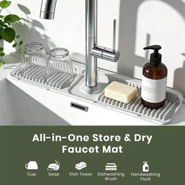 Alt view image 4 of 7 - 24 Inch Faucet Mat for Kitchen Sink, Silicone Splash Guard for Kitchen Sink Area, 7° Slope Fast Self-Draining Sink Mat, Cuttable Hole Design, Sink Backsplash Guard Draining Mat, Grey