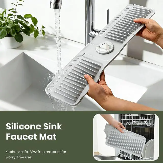 Alt view image 7 of 7 - 24 Inch Faucet Mat for Kitchen Sink, Silicone Splash Guard for Kitchen Sink Area, 7° Slope Fast Self-Draining Sink Mat, Cuttable Hole Design, Sink Backsplash Guard Draining Mat, Grey