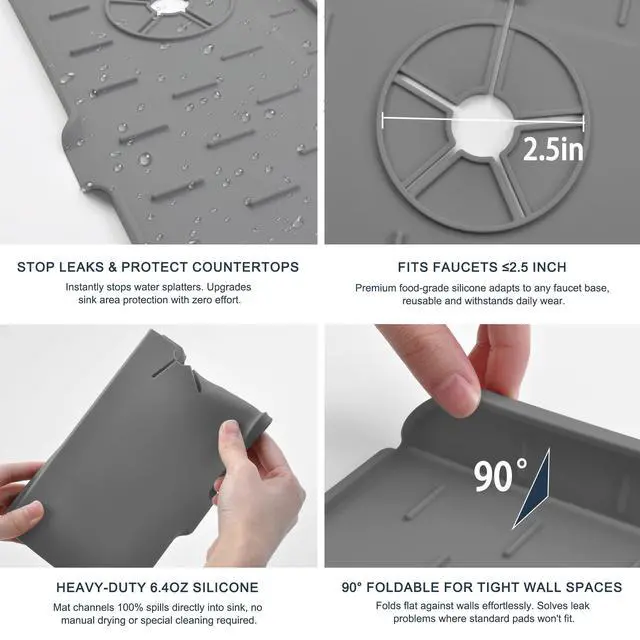 Alt view image 5 of 7 - Kitchen Sink Splash Guard Silicone Faucet Mat for Kitchen Sink Grey