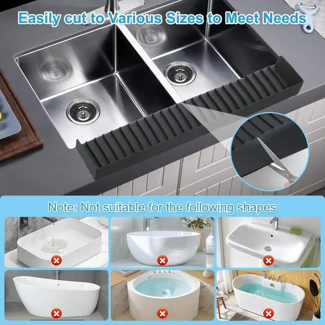Alt view image 3 of 7 - Silicone Faucet Splash Guard 4" x 30", Faucet Water Catcher Mat, Longer Silicone Sink Mat for Kitchen, Bathroom, Laundry Room, Farmhouse for Quartz Kitchen SinkBlack