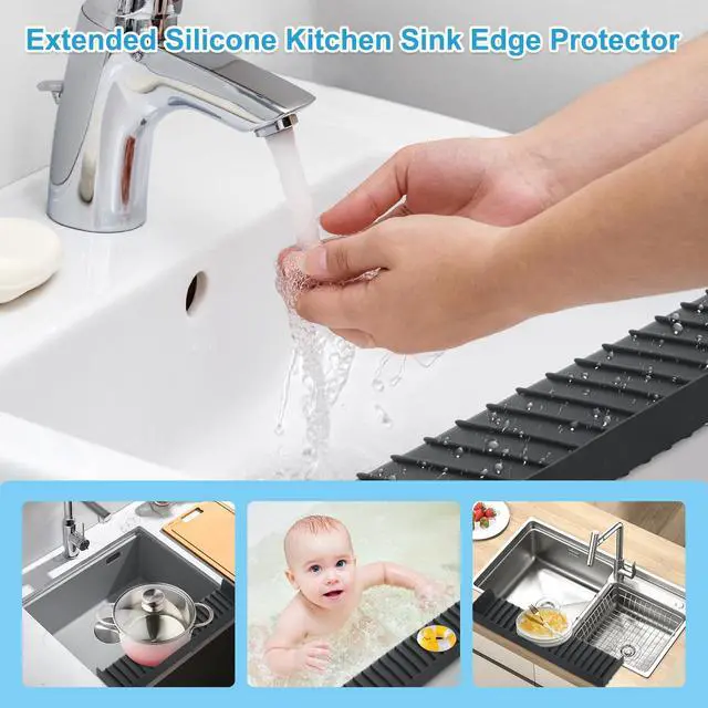 Alt view image 6 of 7 - Silicone Faucet Splash Guard 4" x 30", Faucet Water Catcher Mat, Longer Silicone Sink Mat for Kitchen, Bathroom, Laundry Room, Farmhouse for Quartz Kitchen SinkBlack