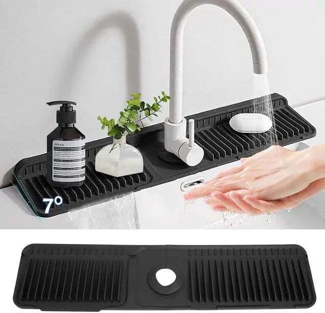 Main image of 24"Longer Silicone Faucet Mat For Kitchen Sink Splash Guard -7° Slope Snap Lock- Sink Faucet Mat Splash Guard Kitchen Sink Area Silicone Sink Water Splash Guard Behind Faucet (Black, 24"x5.5")