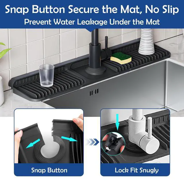 Alt view image 4 of 7 - 24"Longer Silicone Faucet Mat For Kitchen Sink Splash Guard -7° Slope Snap Lock- Sink Faucet Mat Splash Guard Kitchen Sink Area Silicone Sink Water Splash Guard Behind Faucet (Black, 24"x5.5")