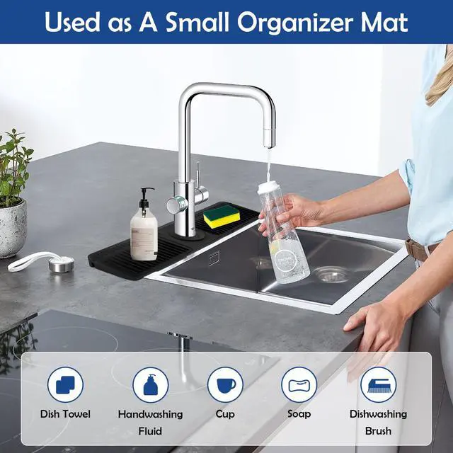 Alt view image 7 of 7 - 24"Longer Silicone Faucet Mat For Kitchen Sink Splash Guard -7° Slope Snap Lock- Sink Faucet Mat Splash Guard Kitchen Sink Area Silicone Sink Water Splash Guard Behind Faucet (Black, 24"x5.5")