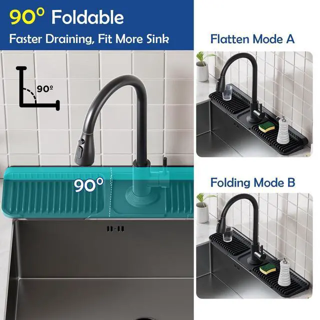 Alt view image 5 of 7 - 24"Longer Silicone Faucet Mat For Kitchen Sink Splash Guard -7° Slope Snap Lock- Sink Faucet Mat Splash Guard Kitchen Sink Area Silicone Sink Water Splash Guard Behind Faucet (Black, 24"x5.5")