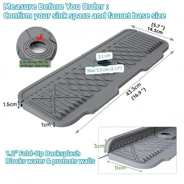 Alt view image 3 of 6 - Silicone Faucet Handle Drip Catcher Beveled Drying Tray Mat Dish Soap Sponge Holder Accessories Gadgets for Kitchen Counter Bathroom Kitchen Sink Splash Guard (16.9")
