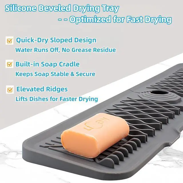 Alt view image 2 of 6 - Silicone Faucet Handle Drip Catcher Beveled Drying Tray Mat Dish Soap Sponge Holder Accessories Gadgets for Kitchen Counter Bathroom Kitchen Sink Splash Guard (16.9")
