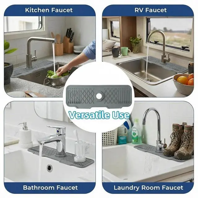 Alt view image 4 of 6 - Silicone Faucet Handle Drip Catcher Beveled Drying Tray Mat Dish Soap Sponge Holder Accessories Gadgets for Kitchen Counter Bathroom Kitchen Sink Splash Guard (16.9")