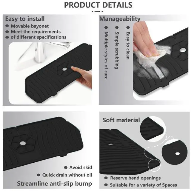 Alt view image 4 of 5 - Kitchen Sink Splash Guard 29.7 X 5.7 In, Large Size Kitchen Sink Splash Guard, Silicone Sink Faucet Drying Mat, Faucet Mat Splash Catcher, Multipurpose For Kitchen Sink, Bathroom (Black)
