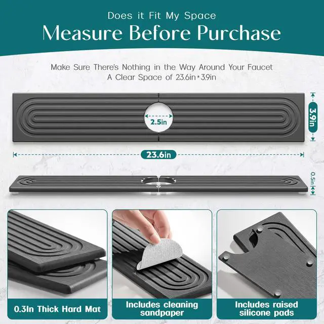 Alt view image 2 of 7 - Faucet Splash Guard for Kitchen Sink, Kitchen Sink Faucet Mat with Raised Feet, Durable Drying Matt Kitchen Counter Stone, Water Absorbent Diatomite Drying Mat (Dark Grey, 23.6" x 3.9")