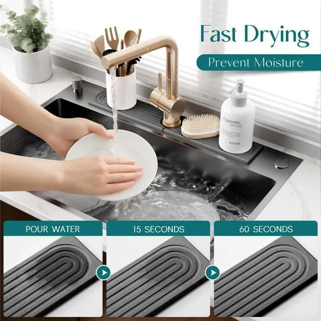 Alt view image 3 of 7 - Faucet Splash Guard for Kitchen Sink, Kitchen Sink Faucet Mat with Raised Feet, Durable Drying Matt Kitchen Counter Stone, Water Absorbent Diatomite Drying Mat (Dark Grey, 23.6" x 3.9")