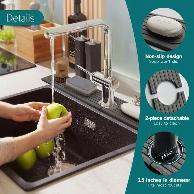 Alt view image 7 of 7 - Faucet Splash Guard for Kitchen Sink, Kitchen Sink Faucet Mat with Raised Feet, Durable Drying Matt Kitchen Counter Stone, Water Absorbent Diatomite Drying Mat (Dark Grey, 23.6" x 3.9")