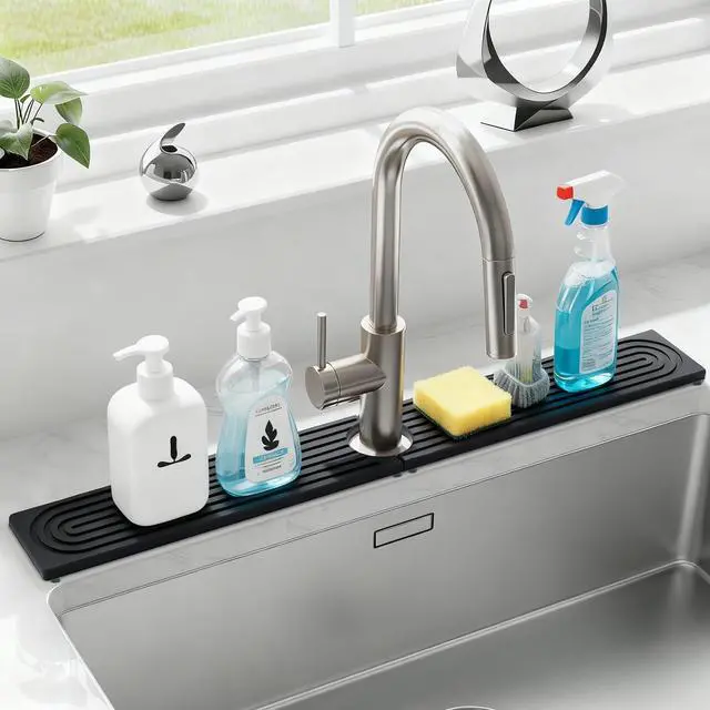 Main image of 24 Inch Kitchen Sink Splash Guard, Sink Splash Guard Behind Faucet, Silicone Faucet Handle Drip Catcher Tray Mat for Kitchen, Bathroom Counter, Dark Gray, 23.6" x 4"