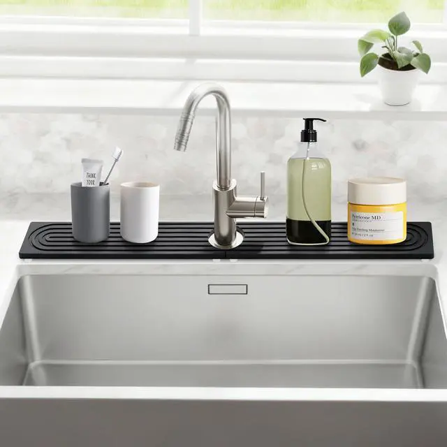 Alt view image 2 of 7 - 24 Inch Kitchen Sink Splash Guard, Sink Splash Guard Behind Faucet, Silicone Faucet Handle Drip Catcher Tray Mat for Kitchen, Bathroom Counter, Dark Gray, 23.6" x 4"