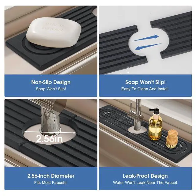 Alt view image 6 of 7 - 24 Inch Kitchen Sink Splash Guard, Sink Splash Guard Behind Faucet, Silicone Faucet Handle Drip Catcher Tray Mat for Kitchen, Bathroom Counter, Dark Gray, 23.6" x 4"