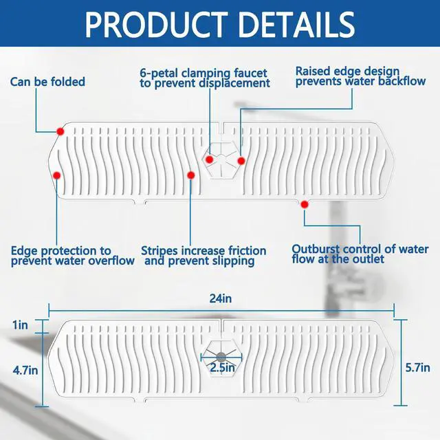 Alt view image 2 of 7 - Kitchen Sink Splash Guard-24 x 5.8'' Ultrathin Silicone Sink Mat Splash Guard fit for Countertop, Bathroom,Farmhouse,RV (White)