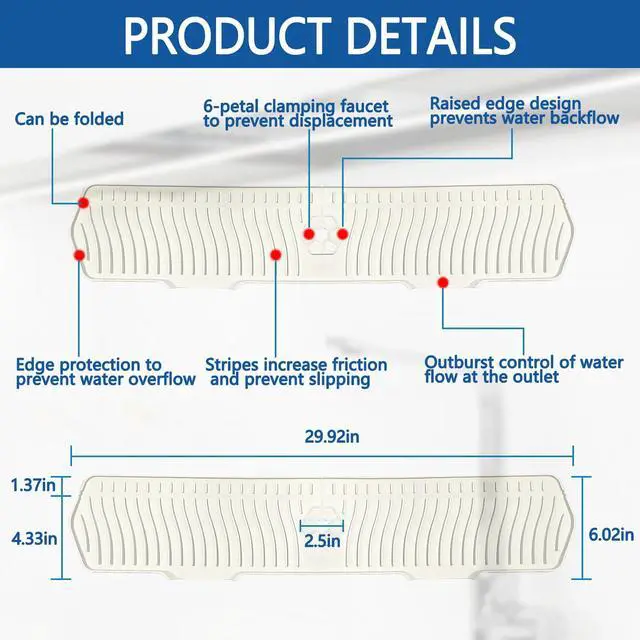 Alt view image 2 of 7 - Kitchen Sink Splash Guard Gen2-30" x 6'' Silicone Sink Mat Splash Guard fit for Countertop, Bathroom,Farmhouse,RV (off white)