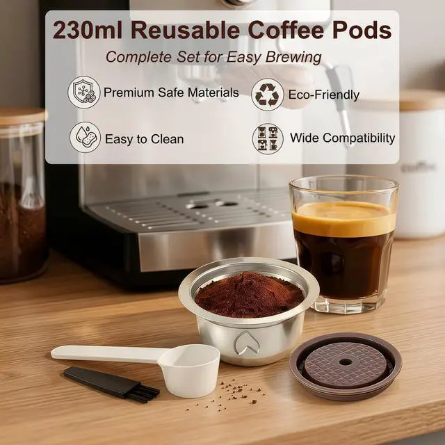 Alt view image 2 of 7 - Refillable Coffee Capsule : Compatible with Nespresso Vertuo Coffee Capsules, 230ml Stainless Steel Reusable Coffee Pod Kit with 1 Silicone Lid, 1 Spoon, 1 Brush