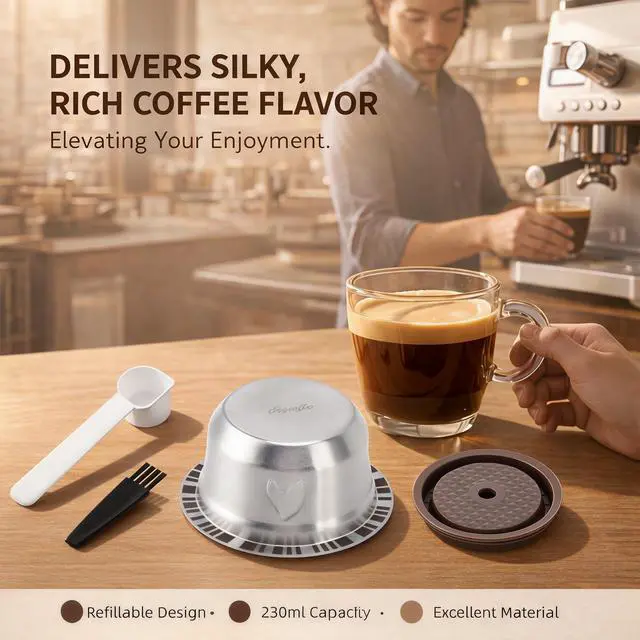 Alt view image 3 of 7 - Refillable Coffee Capsule : Compatible with Nespresso Vertuo Coffee Capsules, 230ml Stainless Steel Reusable Coffee Pod Kit with 1 Silicone Lid, 1 Spoon, 1 Brush