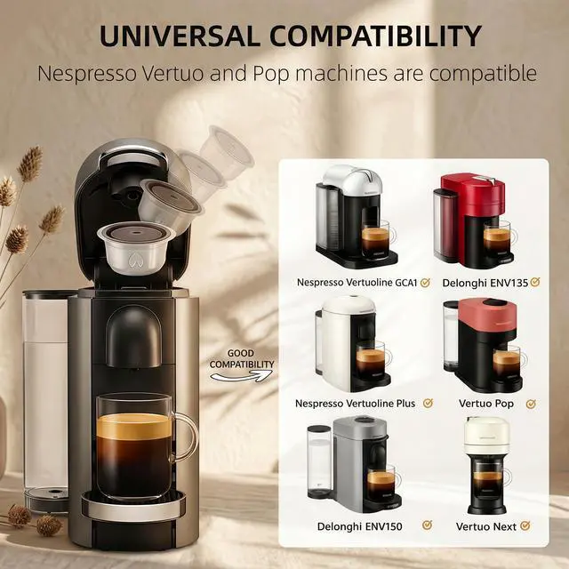 Alt view image 4 of 7 - Refillable Coffee Capsule : Compatible with Nespresso Vertuo Coffee Capsules, 230ml Stainless Steel Reusable Coffee Pod Kit with 1 Silicone Lid, 1 Spoon, 1 Brush