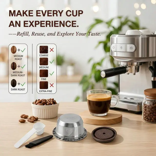 Alt view image 5 of 7 - Refillable Coffee Capsule : Compatible with Nespresso Vertuo Coffee Capsules, 230ml Stainless Steel Reusable Coffee Pod Kit with 1 Silicone Lid, 1 Spoon, 1 Brush