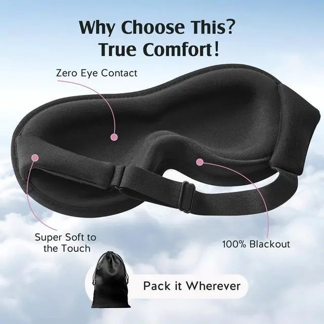 Alt view image 6 of 7 - Sleep Mask for Lash Extensions, Bamboo Viscose & 100% Blackout Eye Mask for Sleeping Women Men, Soft 3D Contoured Zero Eye Pressure Blindfold for Travel, Breathable & Adjustable Eye Cover, Black