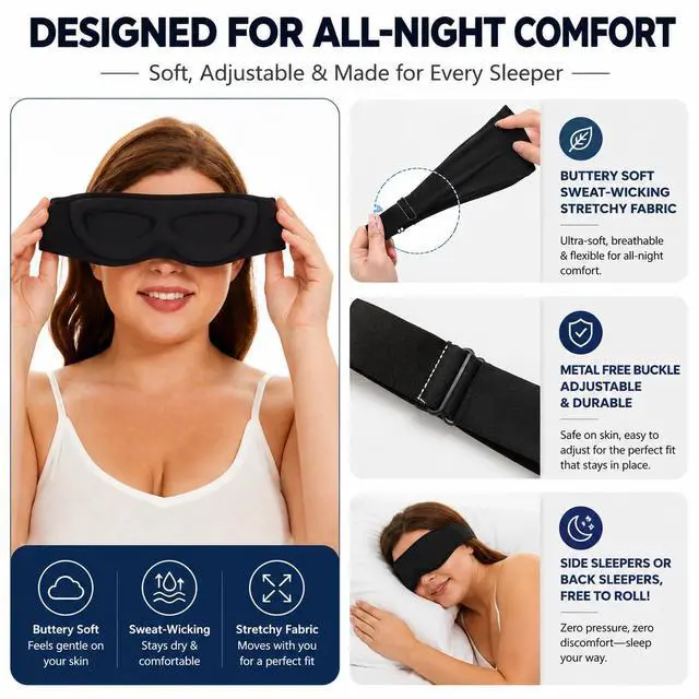 Alt view image 4 of 7 - Sleep Mask for Side Sleepers Patented Design, Cup-Shaped and Extra-Soft, 100 Blackout Eye Mask Shades Cover for Men and Women Home or Travel, Machine Washable, Black