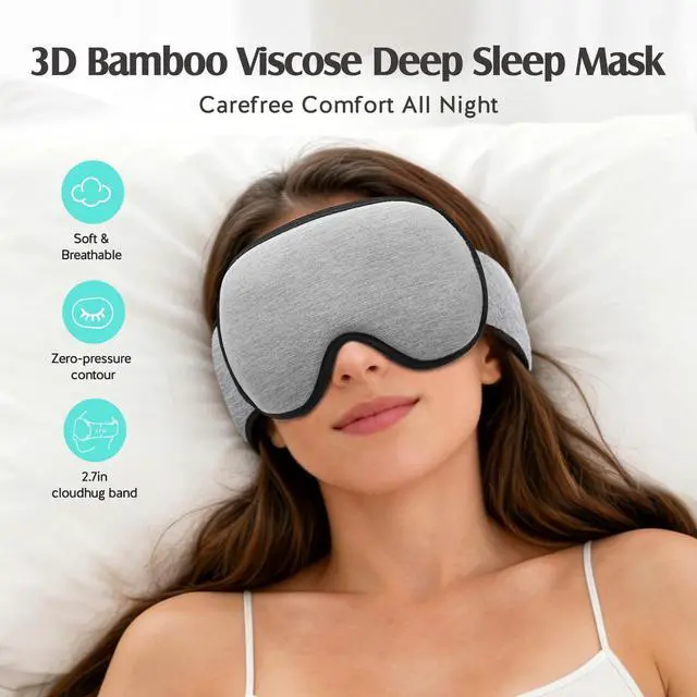 Alt view image 2 of 7 - Sleep Mask for Side Sleepers Women Men, Soft & Breathable Bamboo Viscose Eye Mask for Sleeping, 100% Blackout 3D Eye Cover, Wider Adjustable Hook & Loop Straps for Ultra Comfort, Light Gray