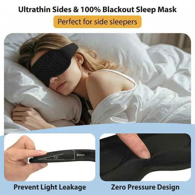 Alt view image 4 of 7 - Sleep Eye Mask for Side Sleeper with Zero Eye Pressure and 100 Percent Light Blocking, Contoured 3D Design for Men and Women, Soft Low Rebound Memory Foam Eye Shade for Travel Naps and Night Shifts