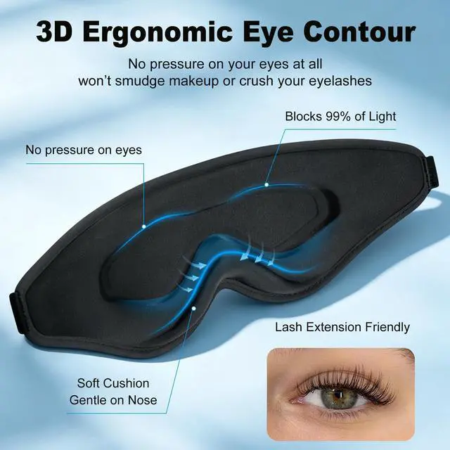 Alt view image 4 of 7 - 3D Contoured Sleep Eye Mask, Zero Eye Pressure Light Blocking Sleeping Mask, Night Blindfold with Adjustable Strap, Ultra Comfort Eye Shade Cover for Side Sleeper Men Women, Travel (Black)