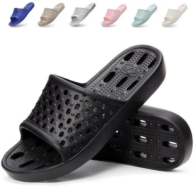 Main image of Shower Shoes for Men Women, Non Slip Quick Dry Shower Sandals with Drain Holes, Lightweight EVA Shower Slippers for Gym, College Dorm, Pool, Locker Room Black EU44-45