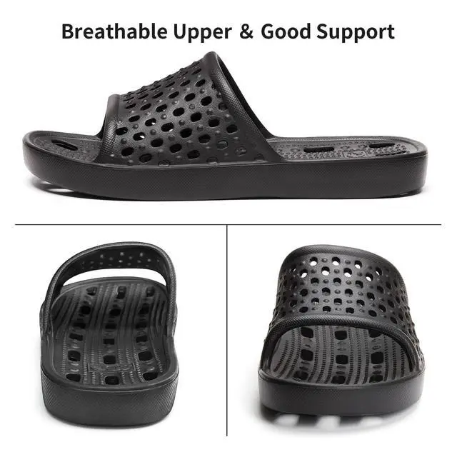 Alt view image 5 of 7 - Shower Shoes for Men Women, Non Slip Quick Dry Shower Sandals with Drain Holes, Lightweight EVA Shower Slippers for Gym, College Dorm, Pool, Locker Room Black EU44-45