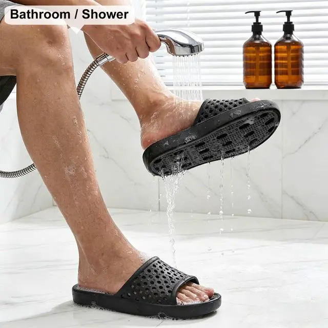 Alt view image 2 of 7 - Shower Shoes for Men Women, Non Slip Quick Dry Shower Sandals with Drain Holes, Lightweight EVA Shower Slippers for Gym, College Dorm, Pool, Locker Room Black EU44-45