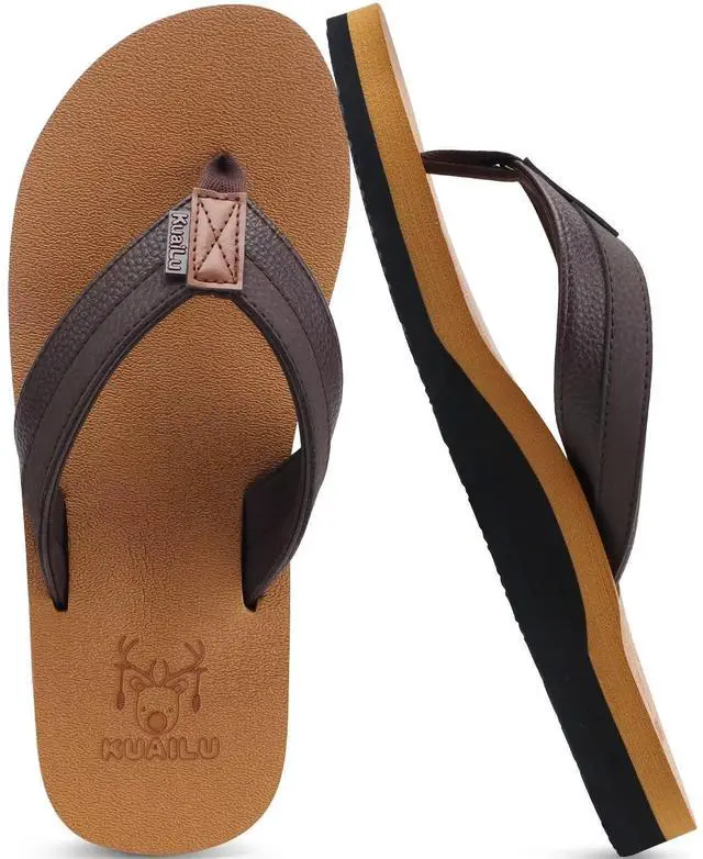 Main image of Mens Leather Flip Flops with Comfortable Arch Support Summer Beach