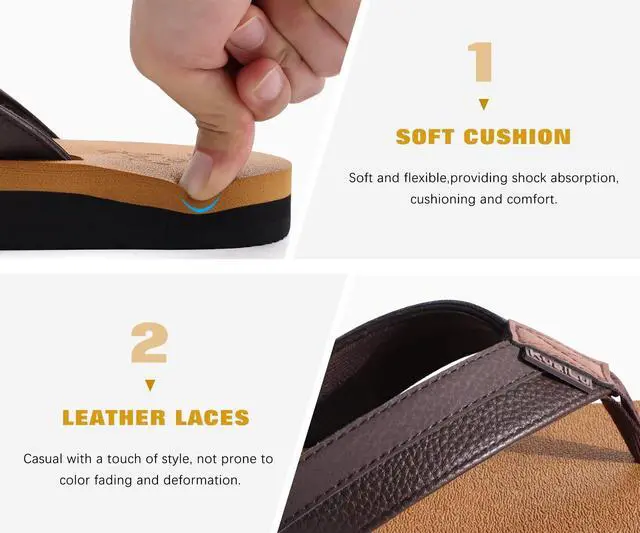 Alt view image 5 of 7 - Mens Leather Flip Flops with Comfortable Arch Support Summer Beach